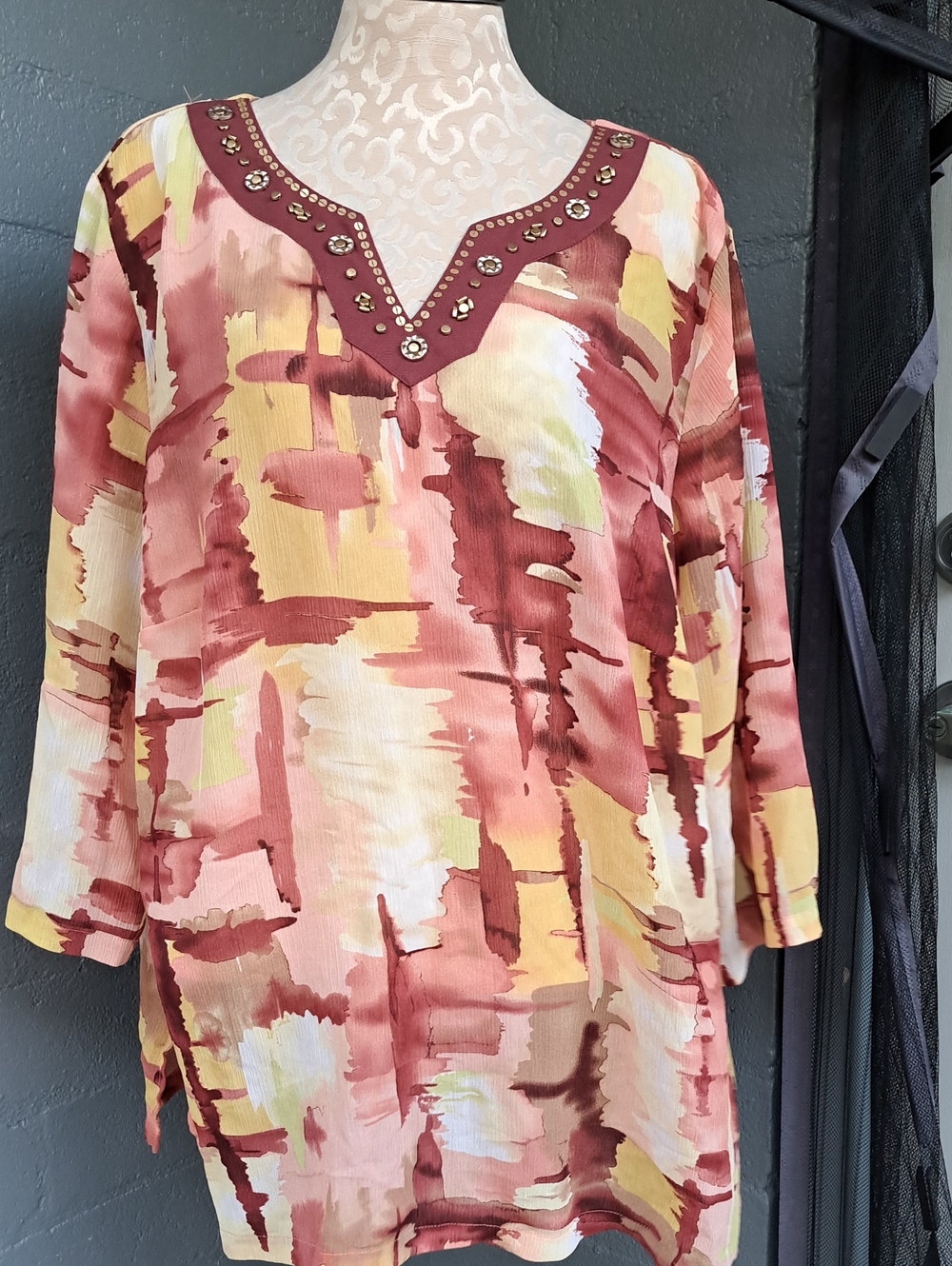 Alfred Dunner Watercolor Brushstroke Beaded V-Neck Tunic - Pink, Yellow, Brown
